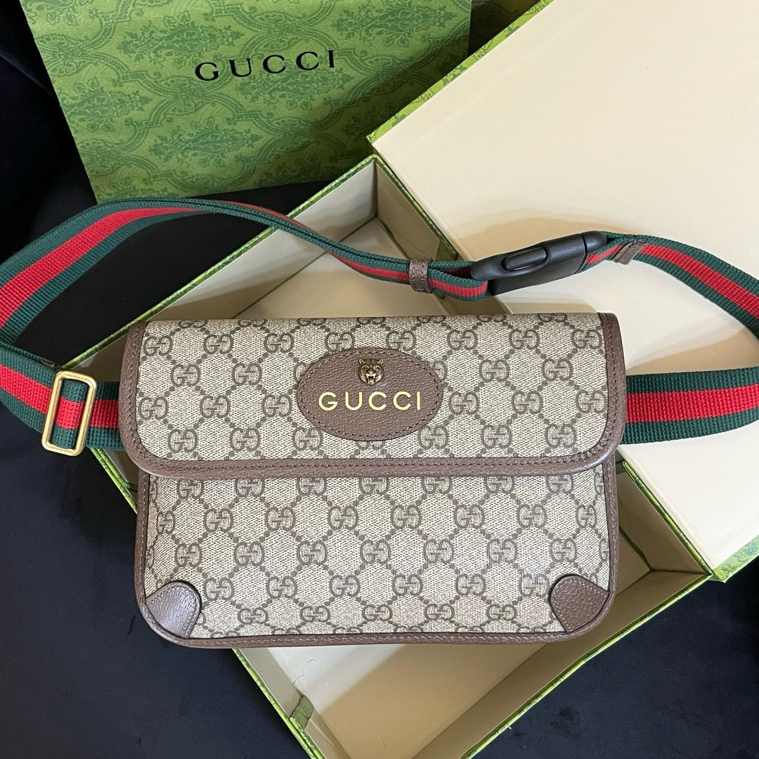 Gucci GG Supreme Belt Bag with Web Strap - Brown/Ebony
