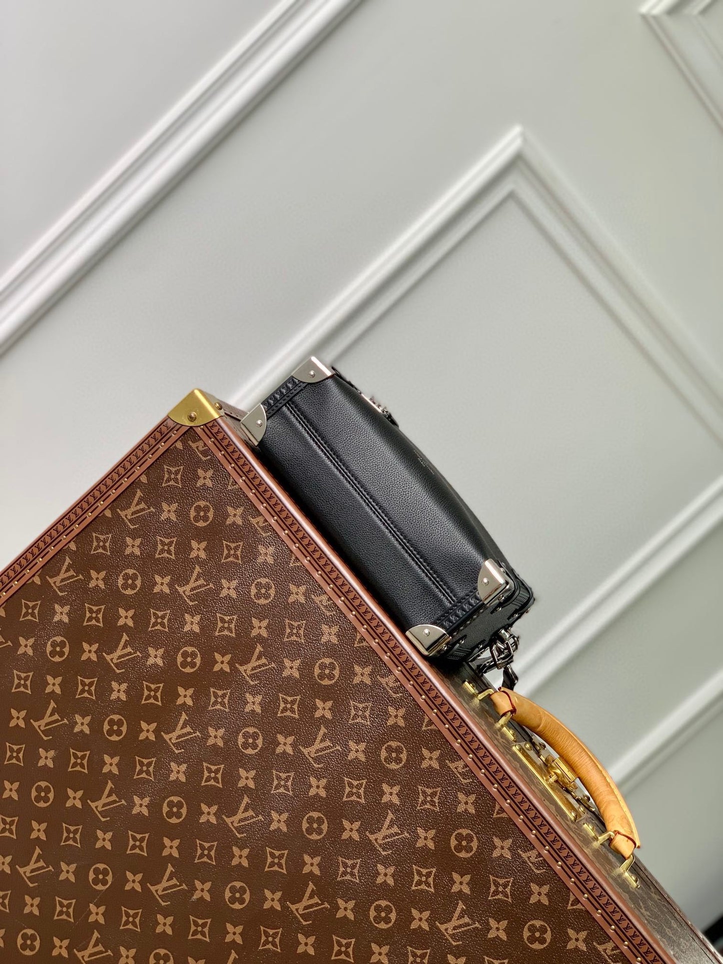 Louis Vuitton Black Leather Trunk Shoulder Bag with Silver Metal Corners