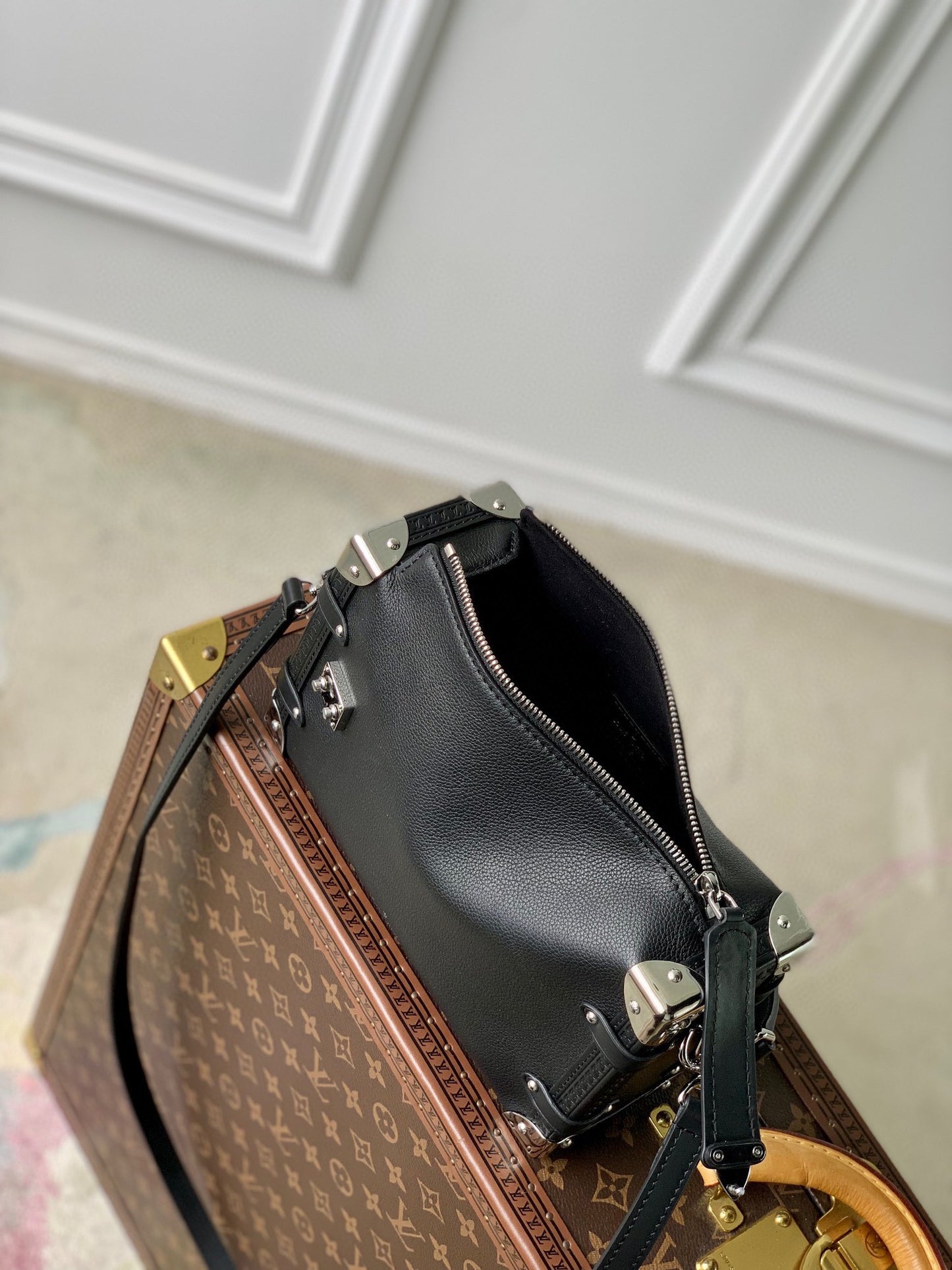 Louis Vuitton Black Leather Trunk Shoulder Bag with Silver Metal Corners
