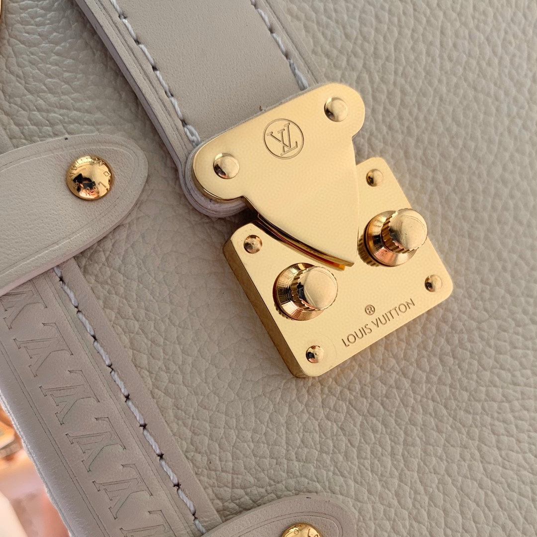 Luxury Beige Leather Trunk-Style Crossbody Bag with Gold Hardware