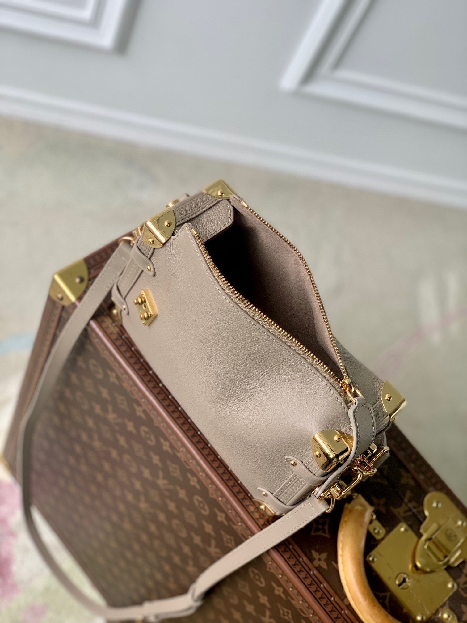 Luxury Beige Leather Trunk-Style Crossbody Bag with Gold Hardware
