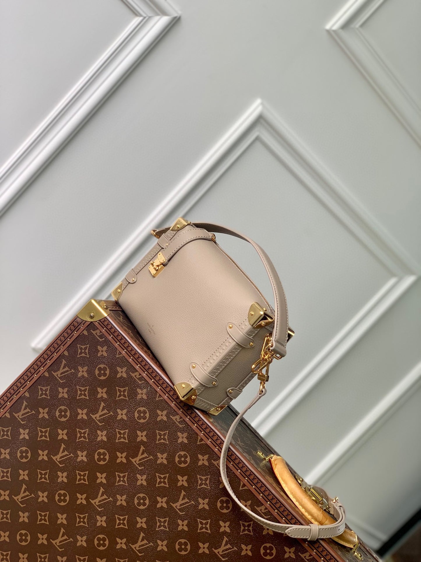 Luxury Beige Leather Trunk-Style Crossbody Bag with Gold Hardware