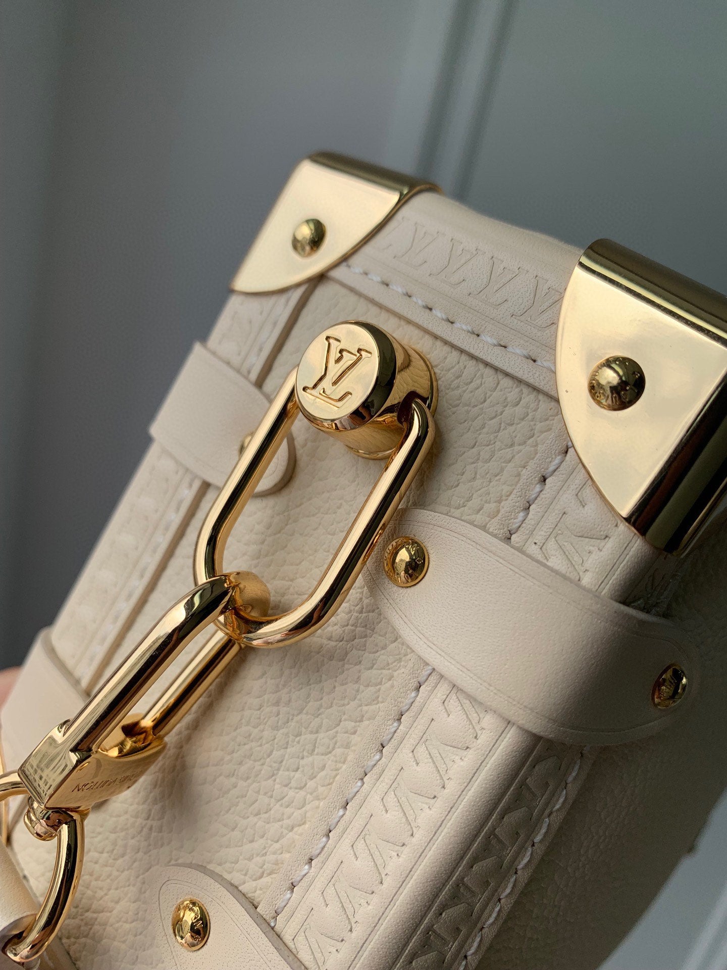Luxury Beige Leather Trunk-Style Crossbody Bag with Gold Hardware