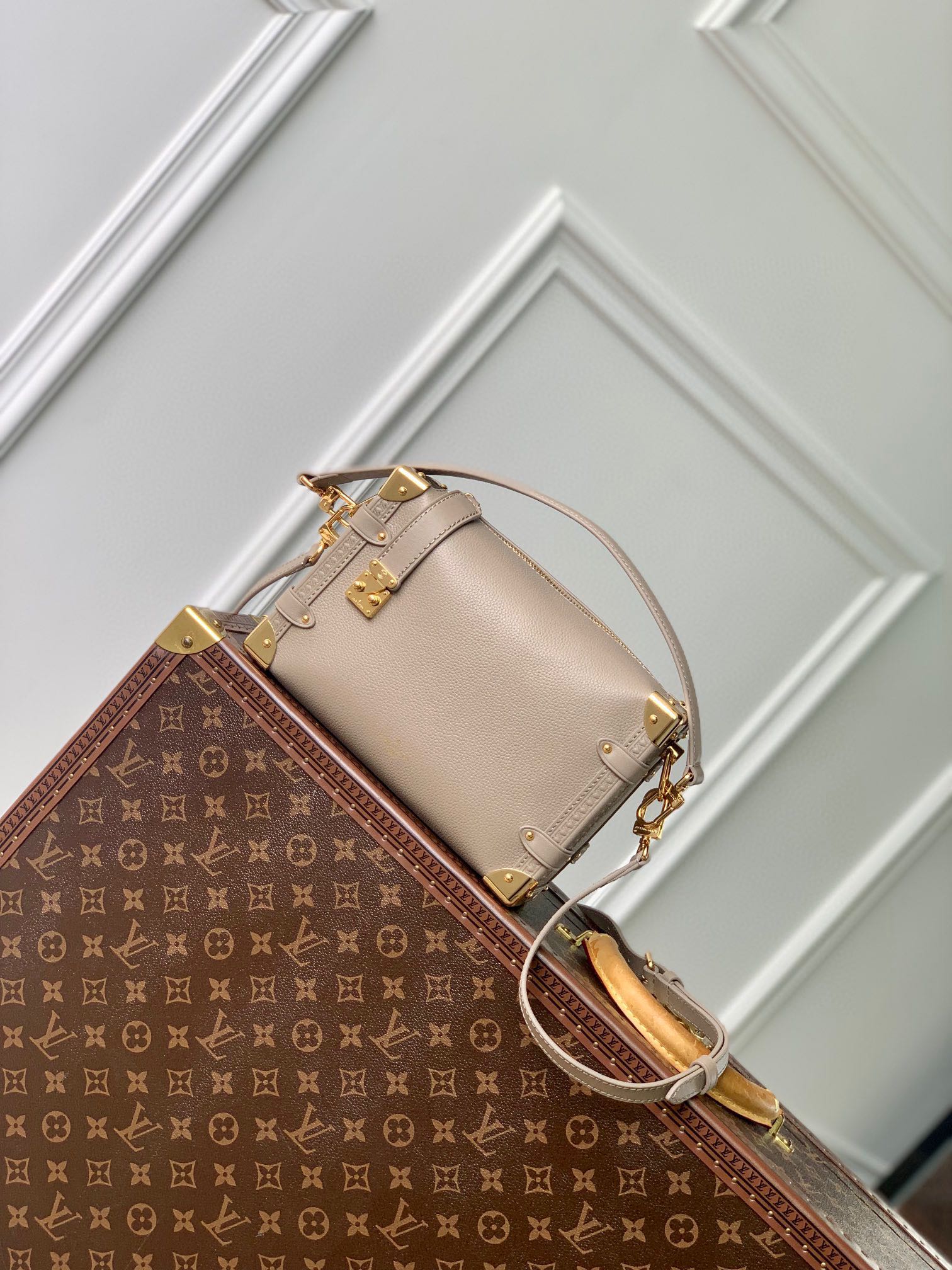 Luxury Beige Leather Trunk-Style Crossbody Bag with Gold Hardware