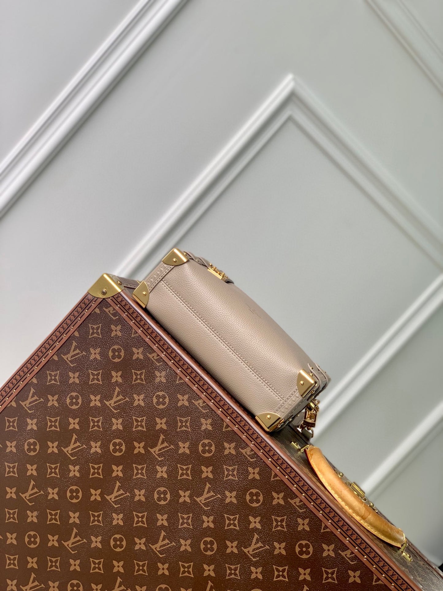 Luxury Beige Leather Trunk-Style Crossbody Bag with Gold Hardware