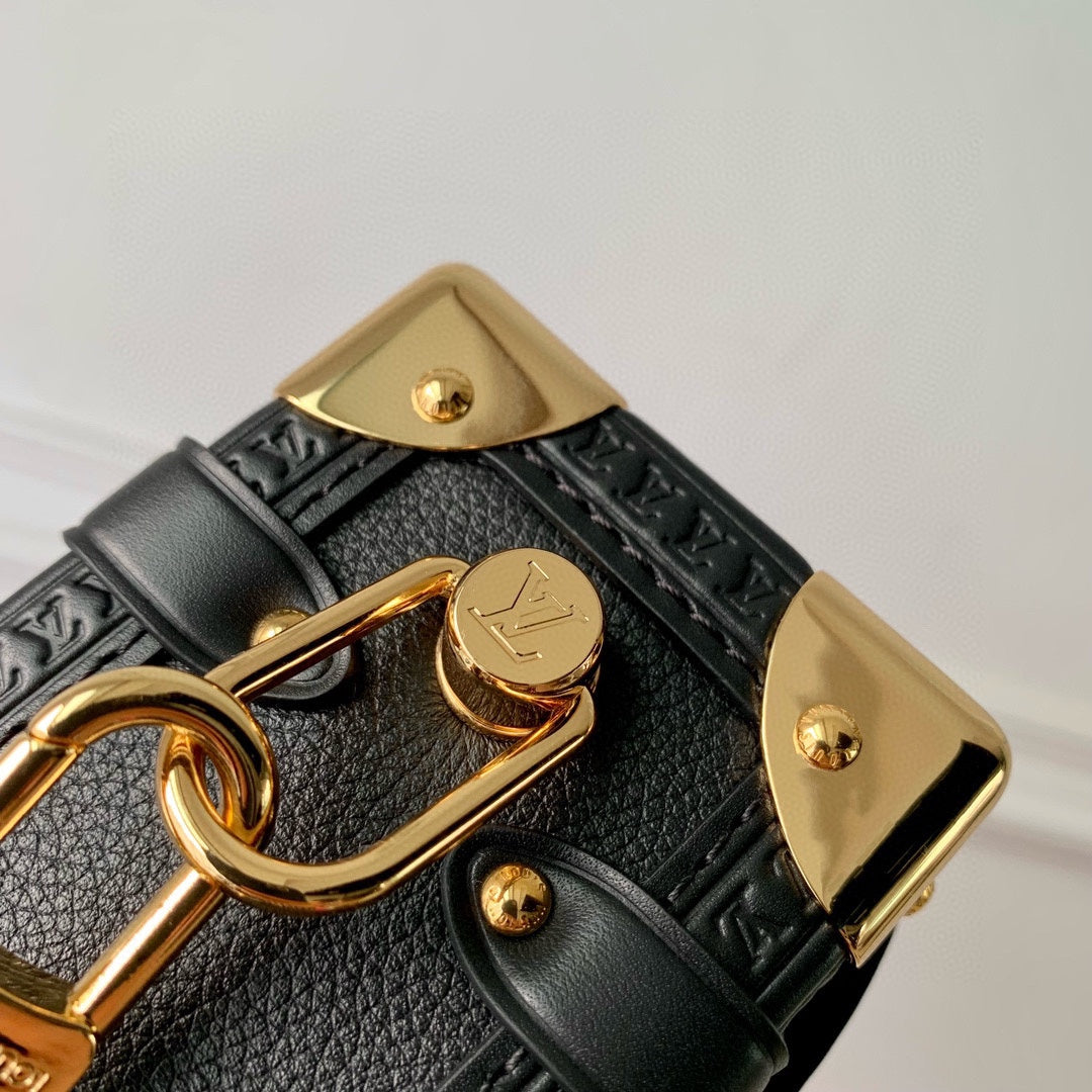 Luxury Designer Black Leather Mini Trunk Crossbody Bag with Gold Hardware