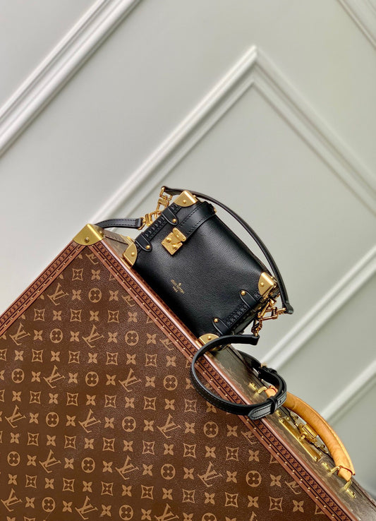 Luxury Designer Black Leather Mini Trunk Crossbody Bag with Gold Hardware