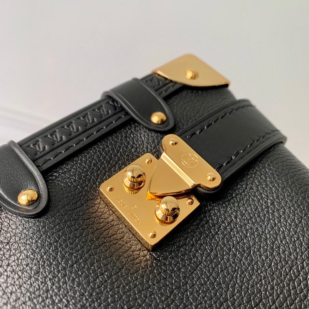 Luxury Designer Black Leather Mini Trunk Crossbody Bag with Gold Hardware