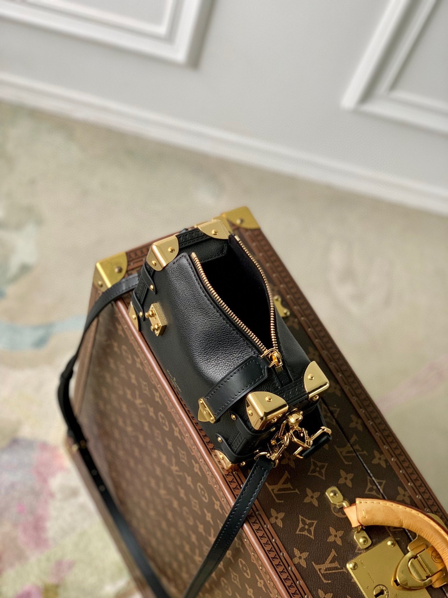 Luxury Designer Black Leather Mini Trunk Crossbody Bag with Gold Hardware