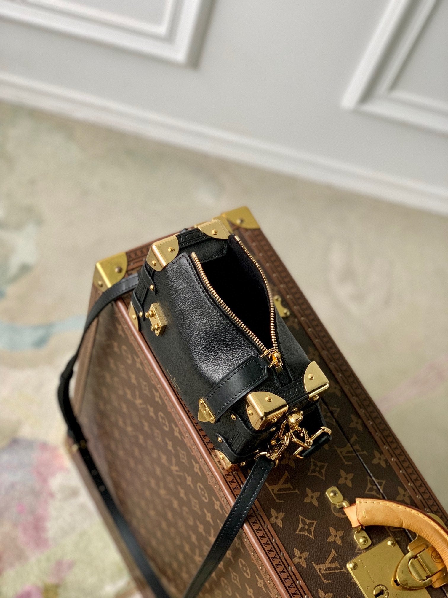 Luxury Designer Black Leather Mini Trunk Crossbody Bag with Gold Hardware