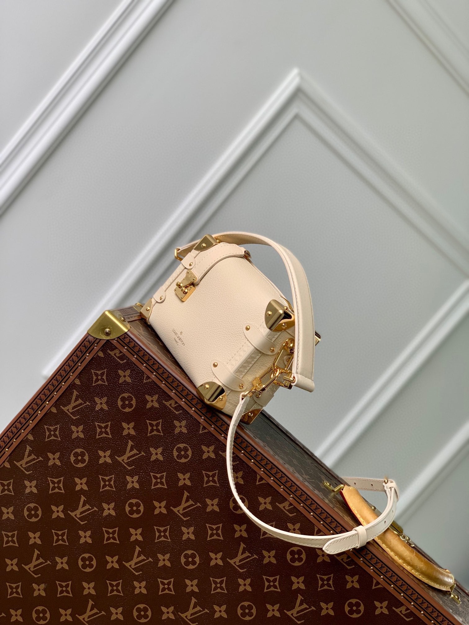 Louis Vuitton Petite Malle White Trunk Crossbody Bag with Gold Hardware