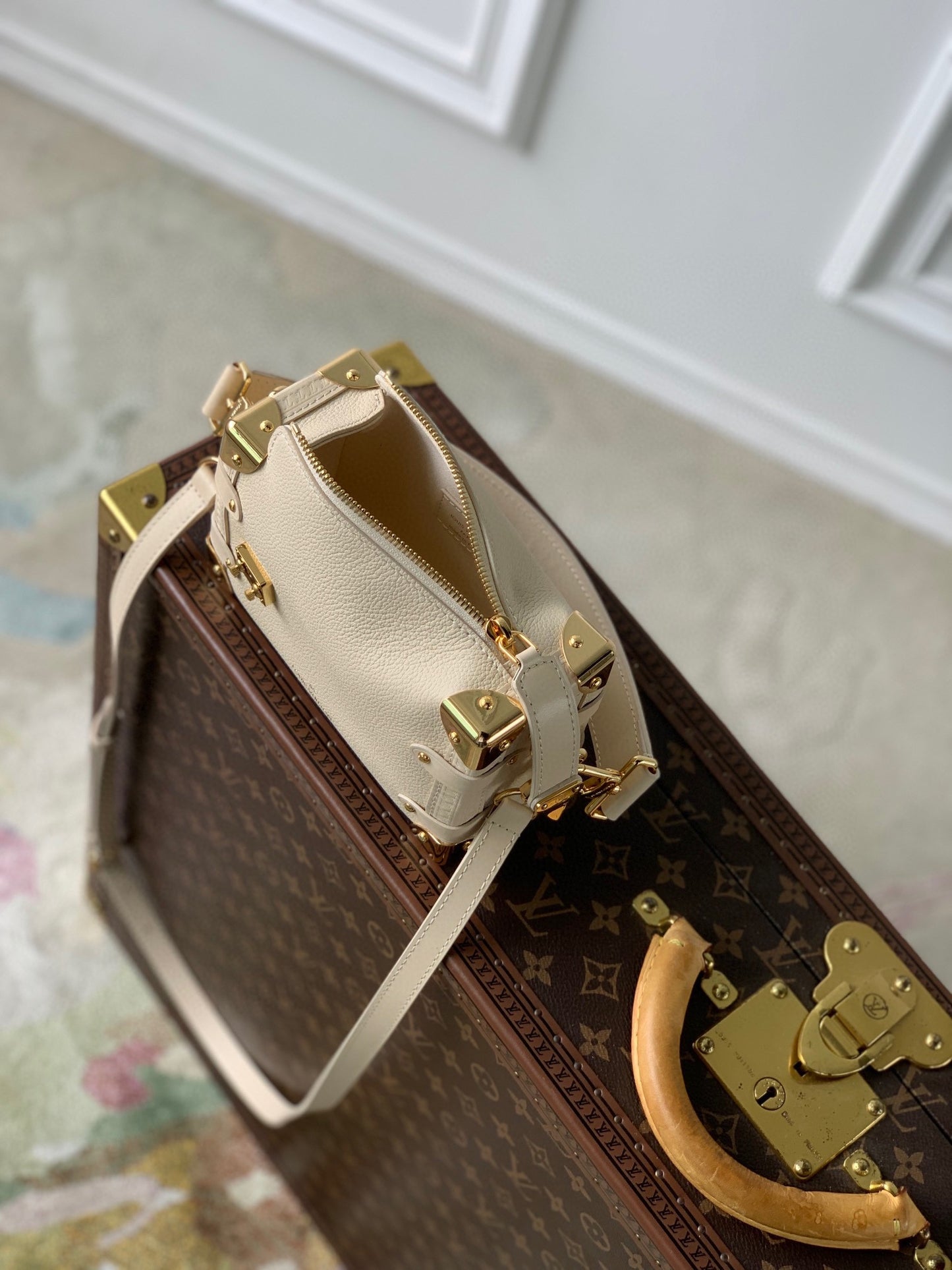 Louis Vuitton Petite Malle White Trunk Crossbody Bag with Gold Hardware