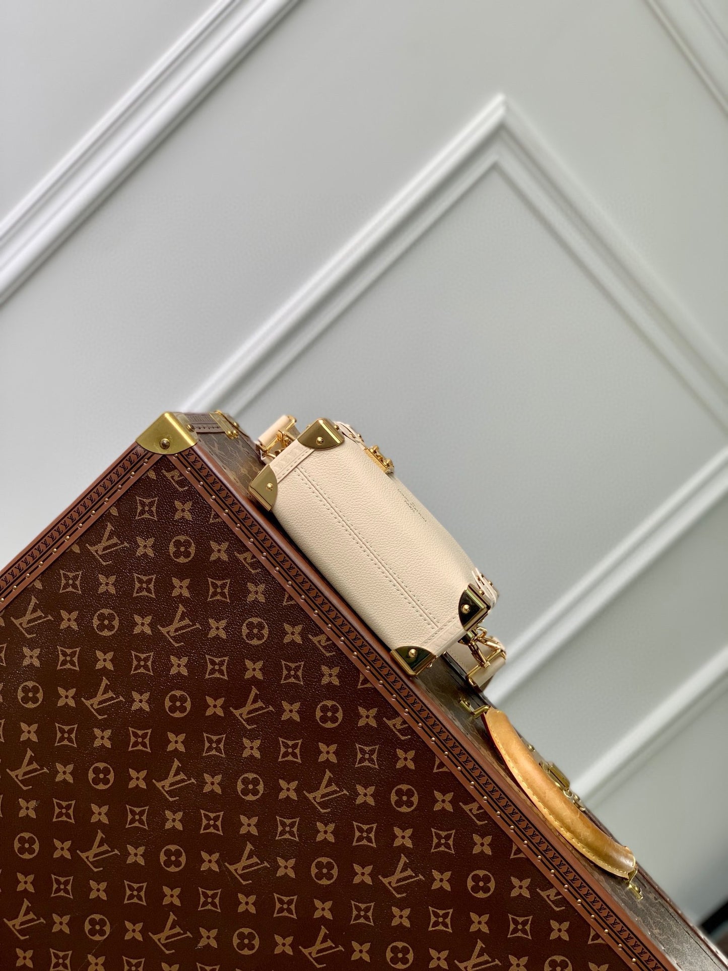 Louis Vuitton Petite Malle White Trunk Crossbody Bag with Gold Hardware