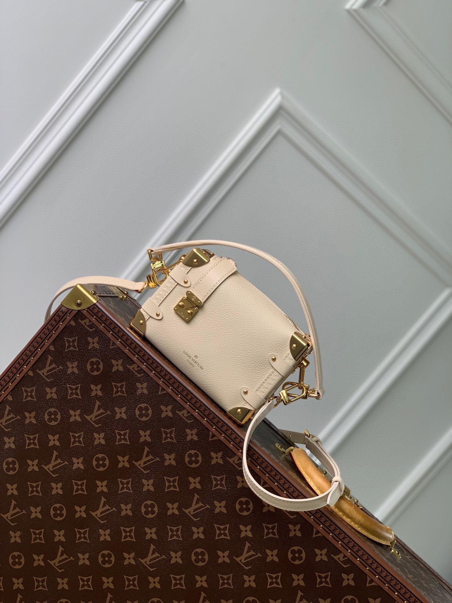 Louis Vuitton Petite Malle White Trunk Crossbody Bag with Gold Hardware