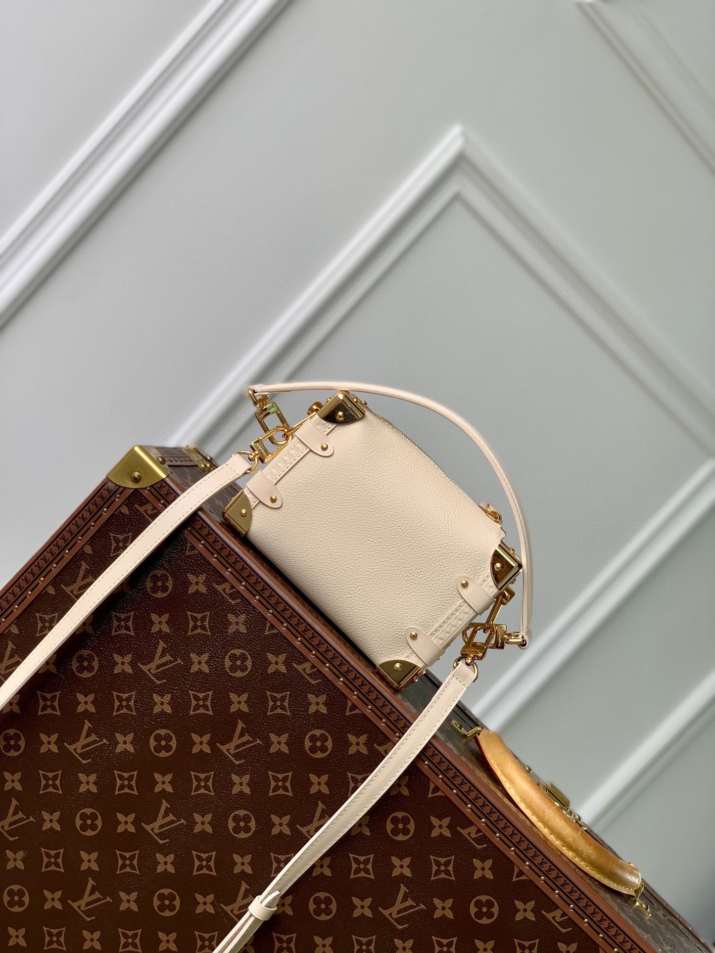 Louis Vuitton Petite Malle White Trunk Crossbody Bag with Gold Hardware