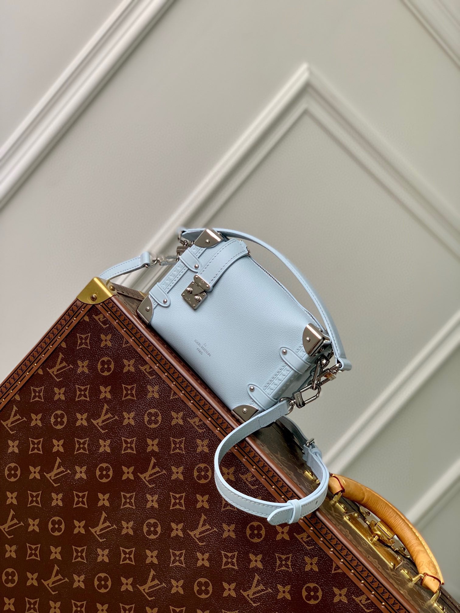 Luxury Mini Trunk Crossbody Bag - Light Blue Leather with Silver Hardware