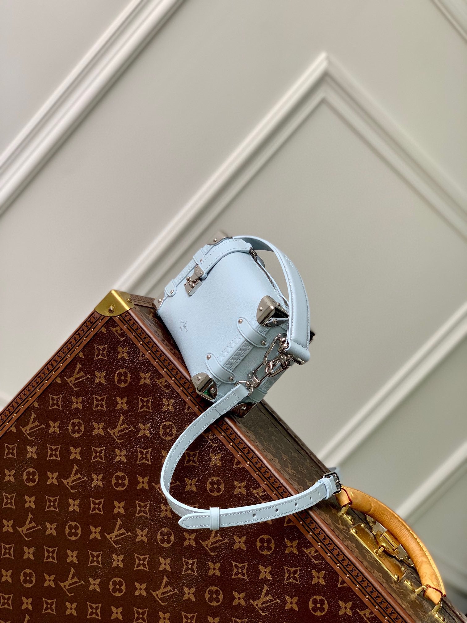 Luxury Mini Trunk Crossbody Bag - Light Blue Leather with Silver Hardware