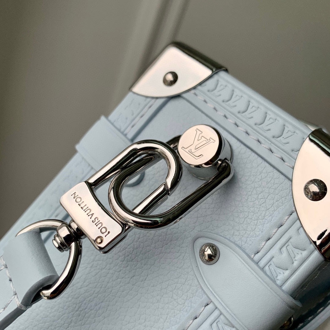 Luxury Mini Trunk Crossbody Bag - Light Blue Leather with Silver Hardware