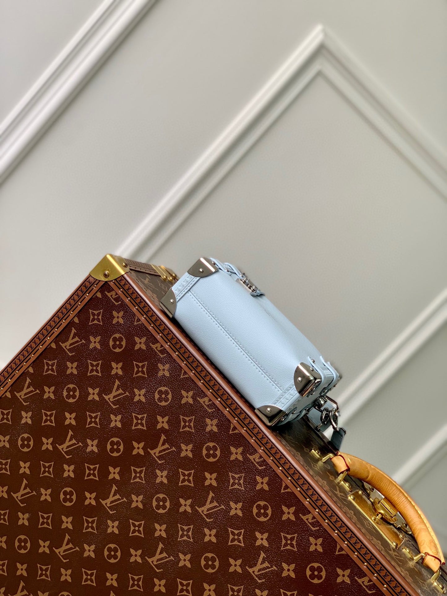 Luxury Mini Trunk Crossbody Bag - Light Blue Leather with Silver Hardware