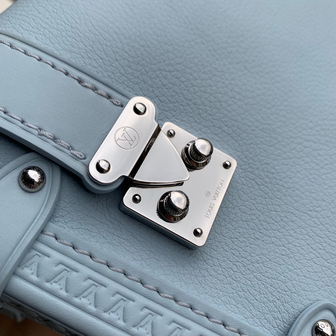 Luxury Mini Trunk Crossbody Bag - Light Blue Leather with Silver Hardware