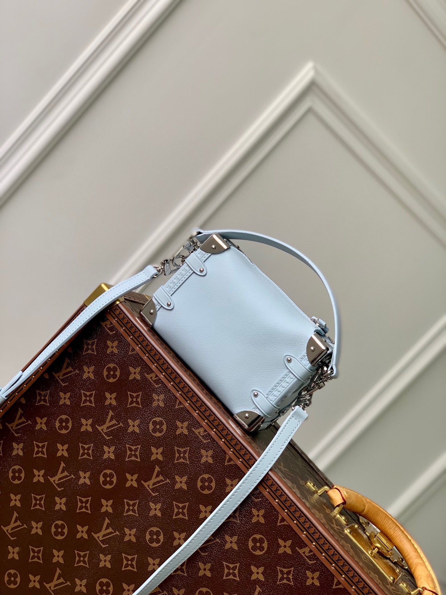Luxury Mini Trunk Crossbody Bag - Light Blue Leather with Silver Hardware