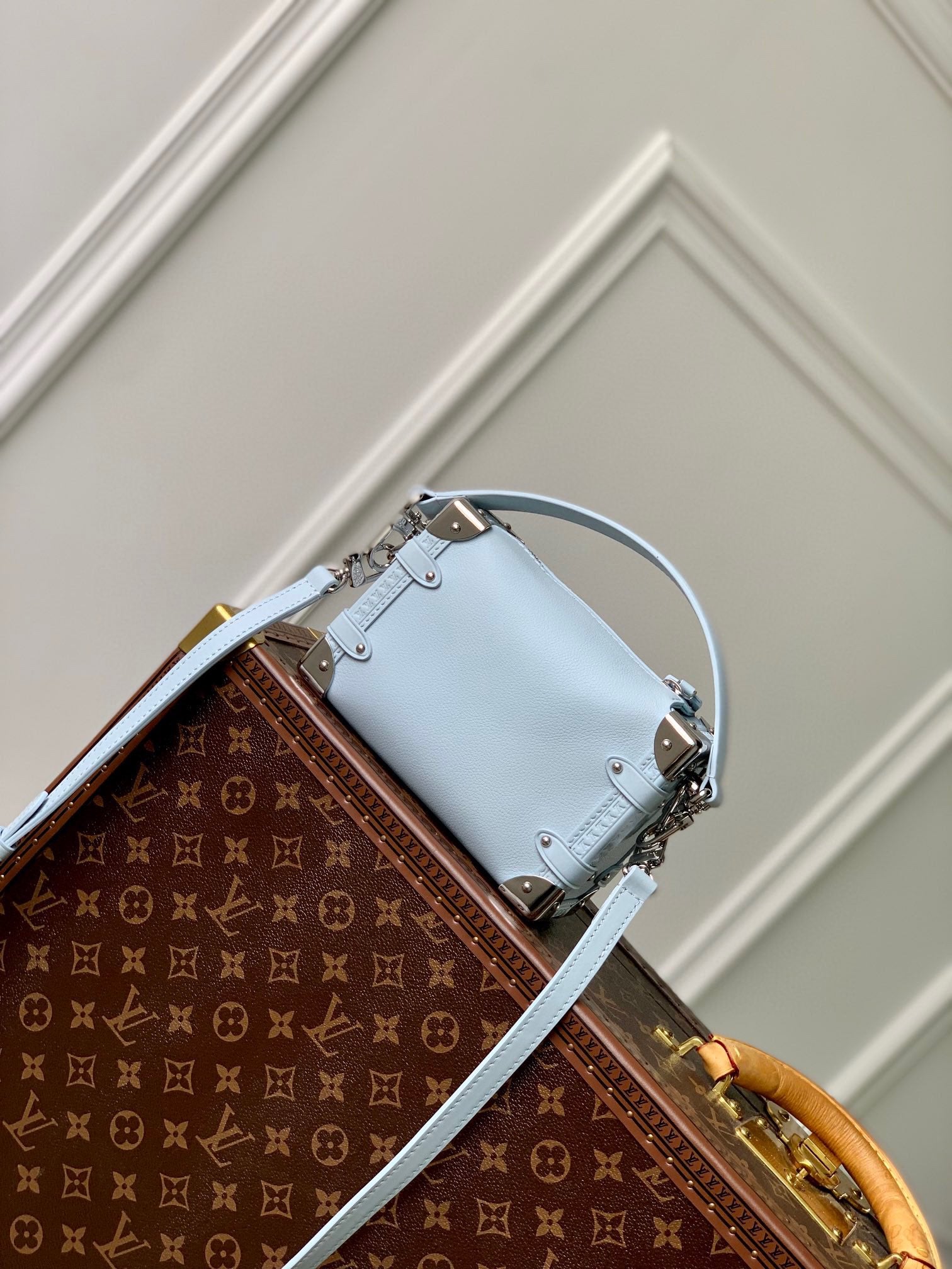 Luxury Mini Trunk Crossbody Bag - Light Blue Leather with Silver Hardware