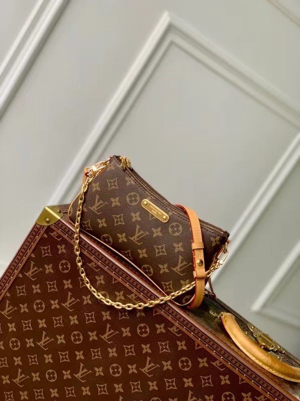 Elegant Monogram Canvas Crossbody Bag with Gold Chain and Leather Strap