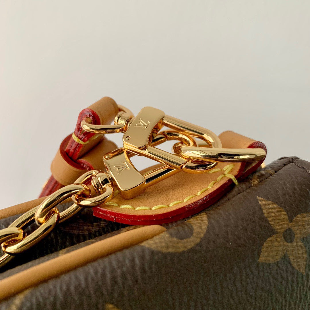 Elegant Monogram Canvas Crossbody Bag with Gold Chain and Leather Strap