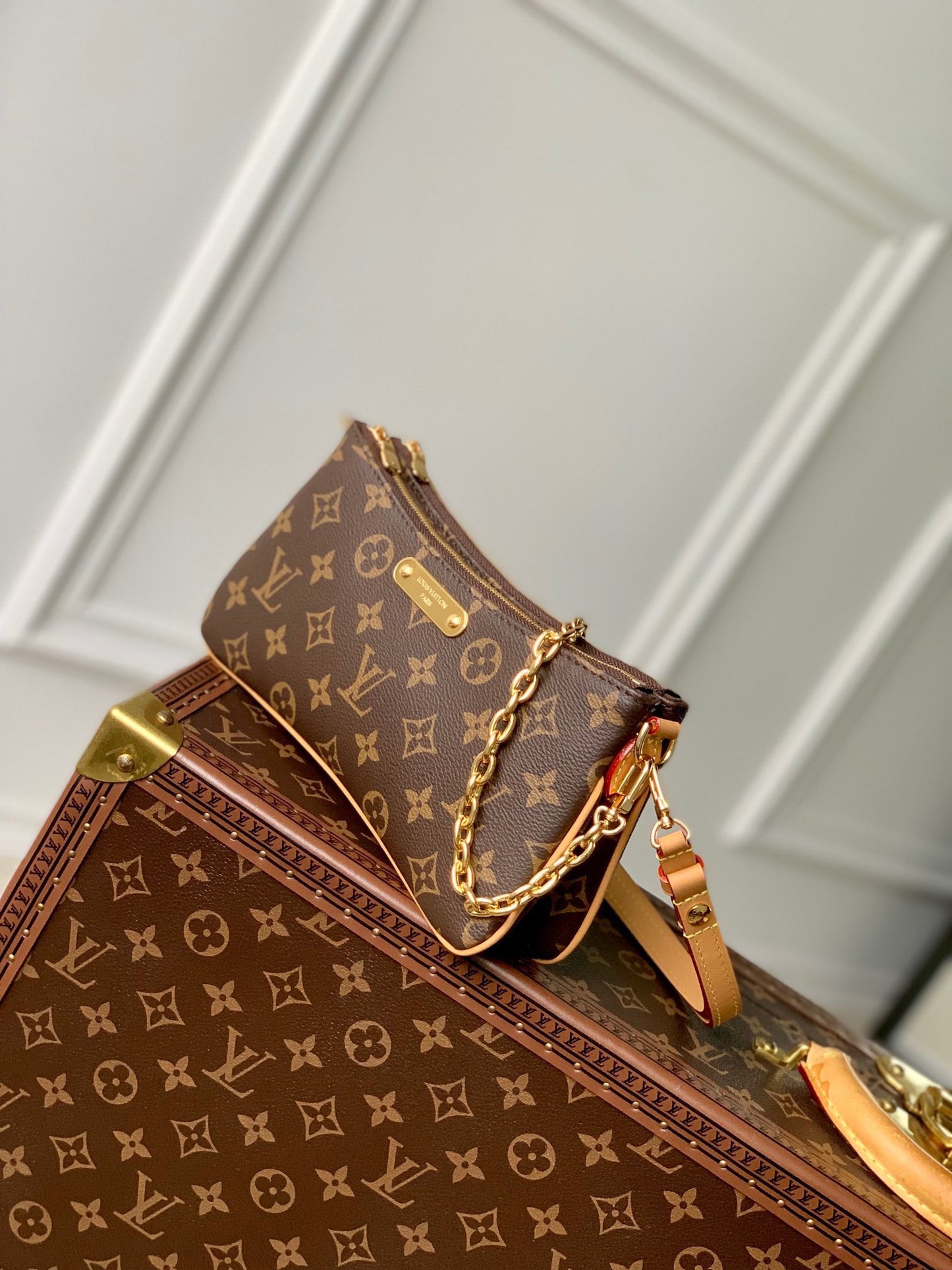 Elegant Monogram Canvas Crossbody Bag with Gold Chain and Leather Strap