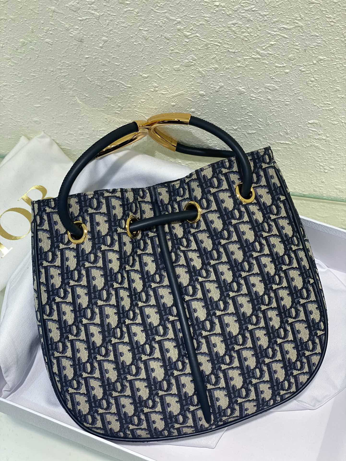 Dior Navy Blue Monogram Jacquard Bucket Bag with Top Handles