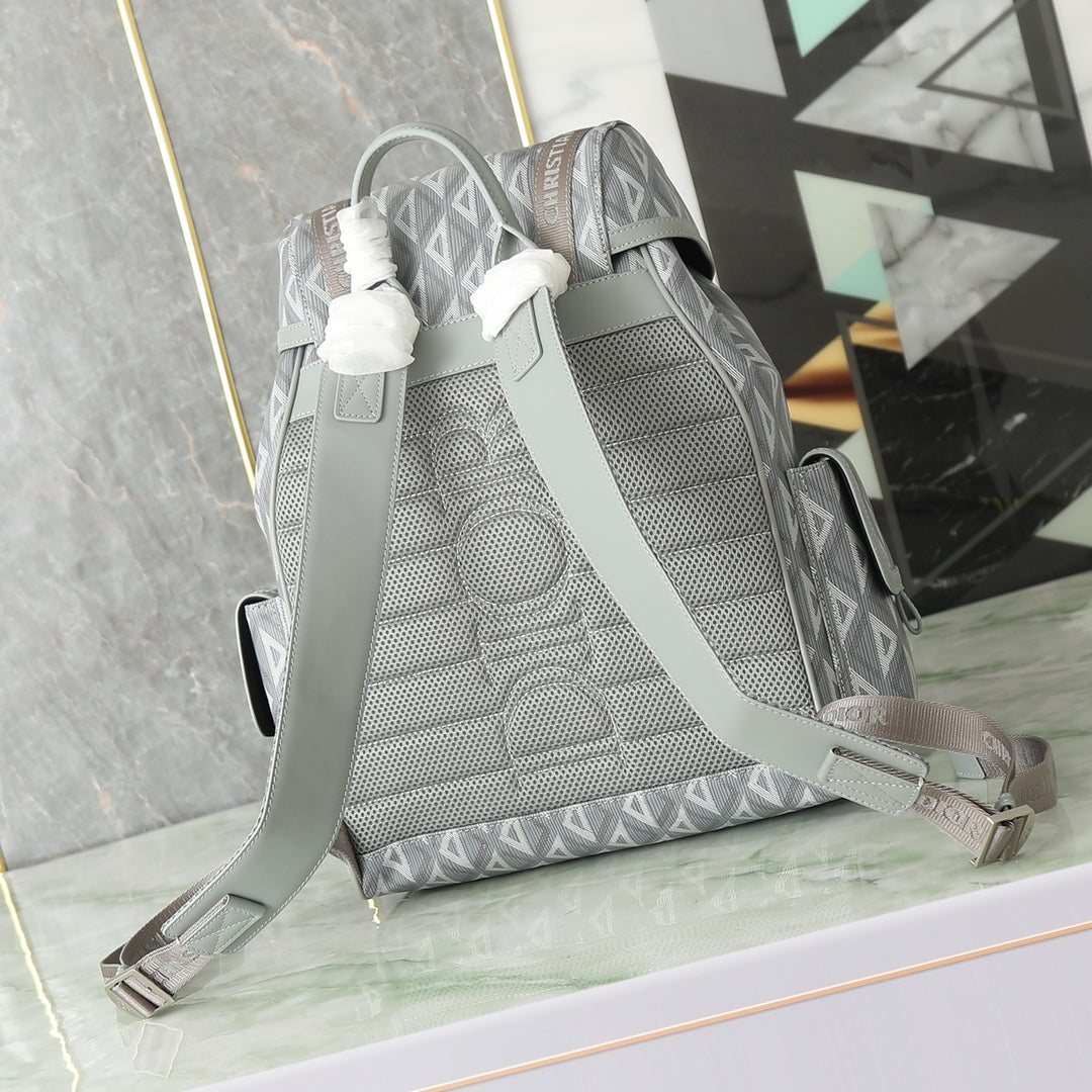 Men's Grey Geometric Diamond Canvas Backpack with Adjustable Buckle Straps