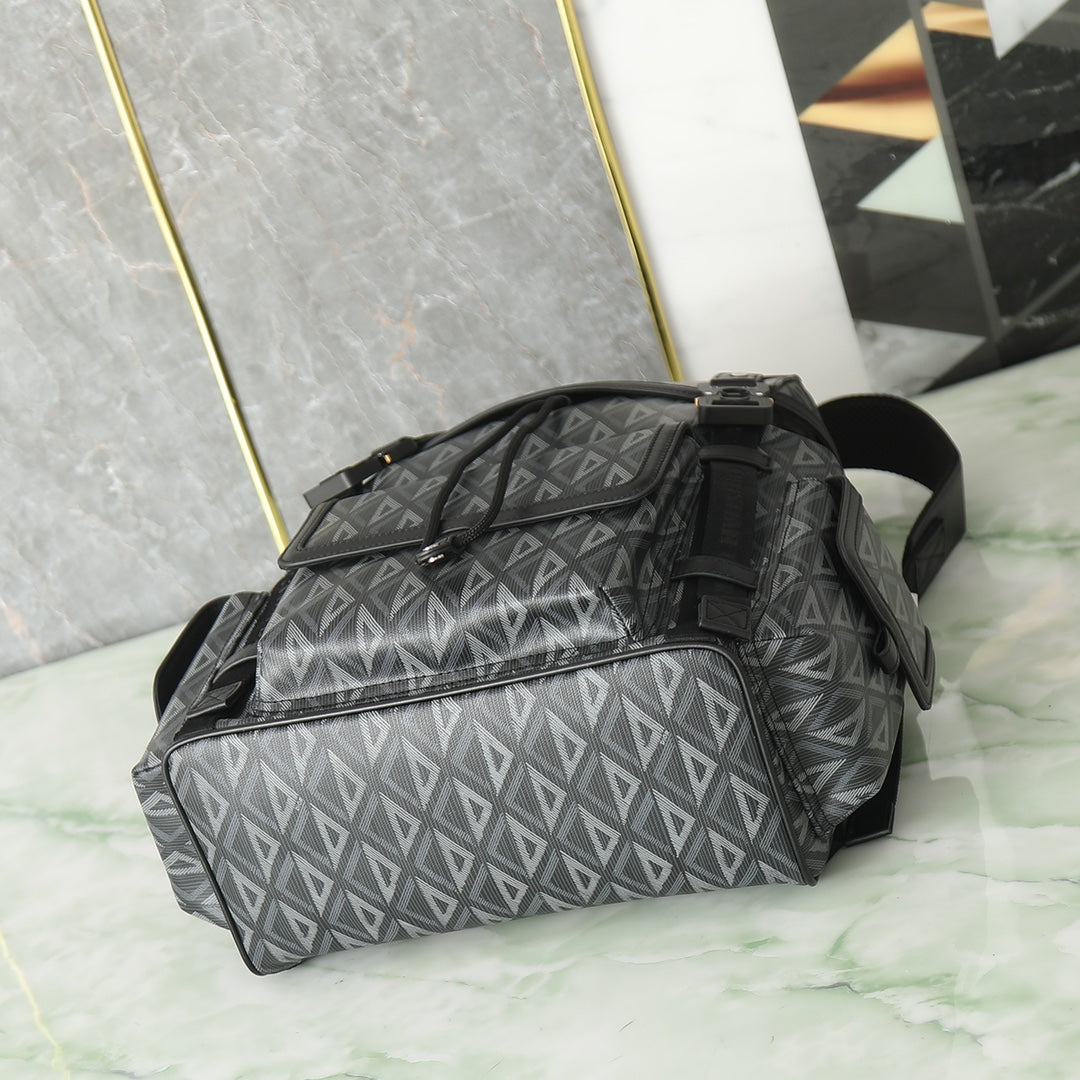 Men's Luxury Geometric Pattern Backpack - Black and Grey Diamond Canvas Rucksack