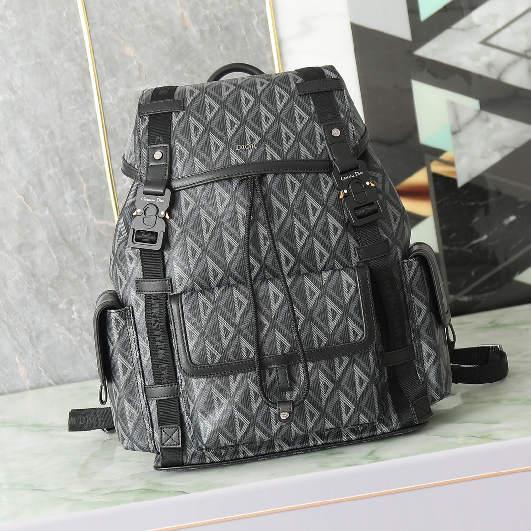 Men's Luxury Geometric Pattern Backpack - Black and Grey Diamond Canvas Rucksack