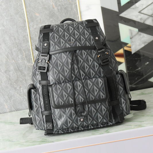 Men's Luxury Geometric Pattern Backpack - Black and Grey Diamond Canvas Rucksack