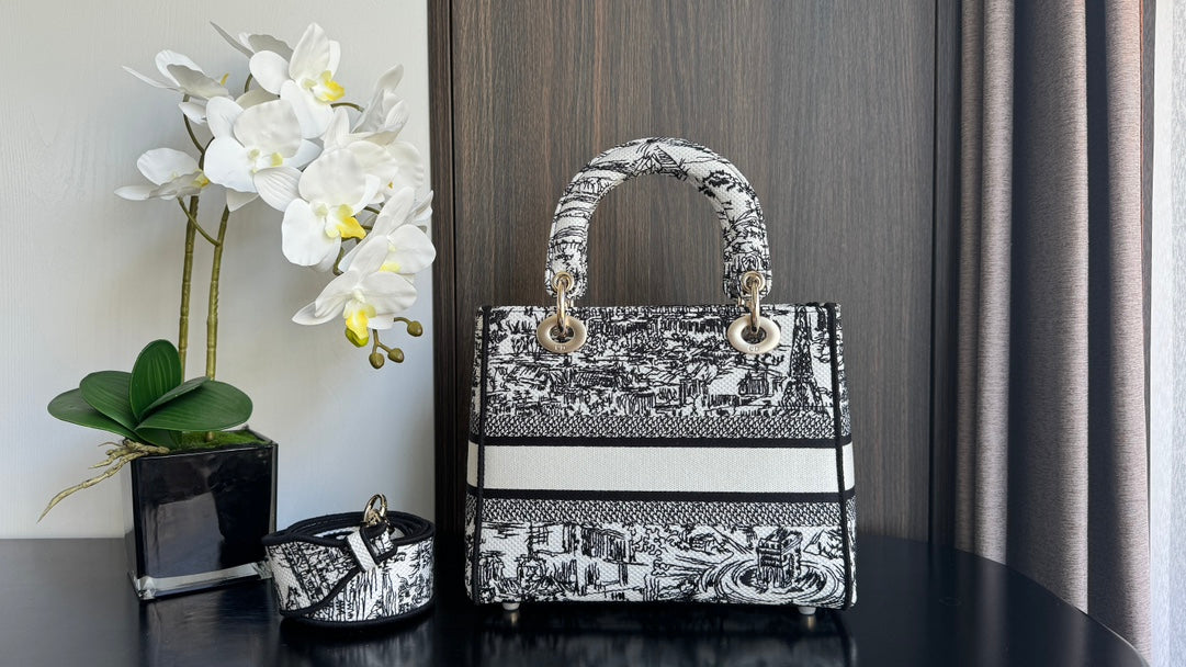 Christian Dior Lady D-Lite Bag Black and White Toile de Jouy Reverse Embroidery