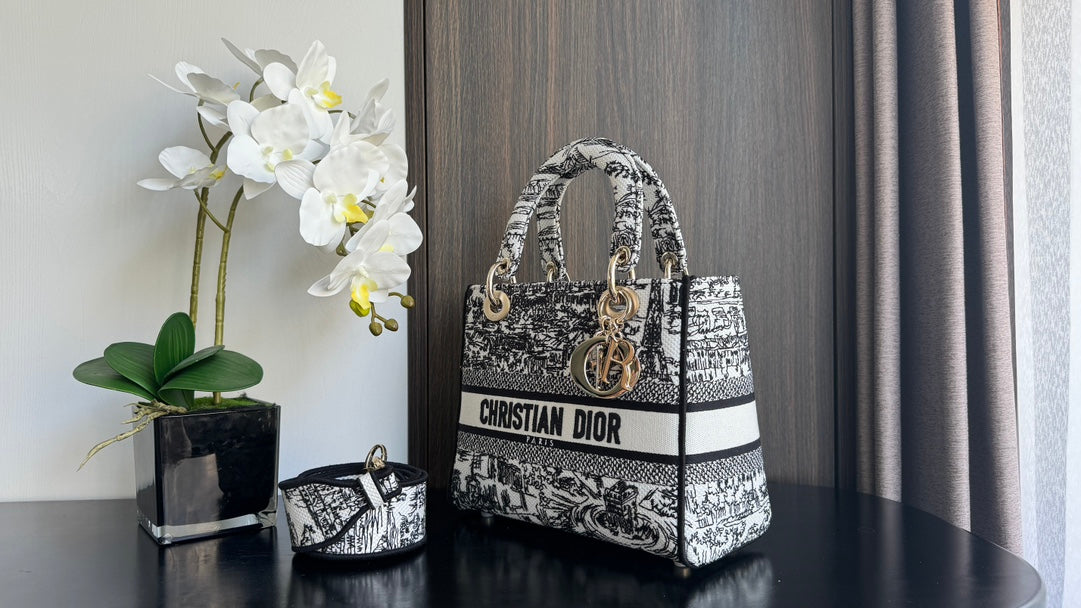 Christian Dior Lady D-Lite Bag Black and White Toile de Jouy Reverse Embroidery