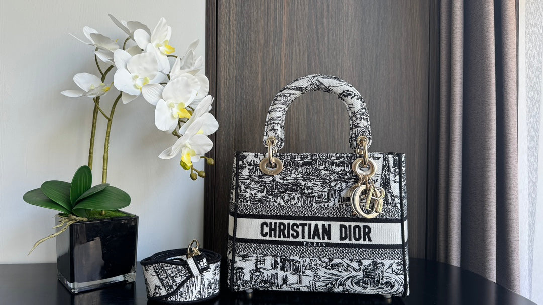 Christian Dior Lady D-Lite Bag Black and White Toile de Jouy Reverse Embroidery