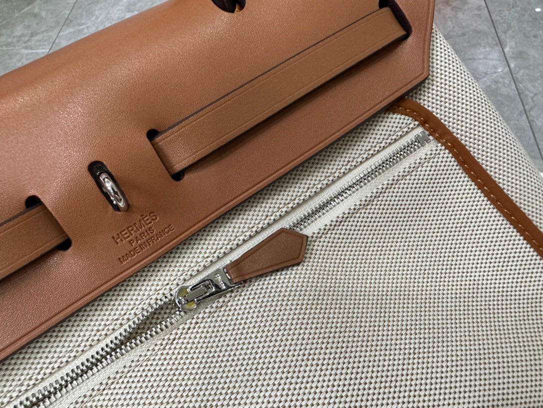 Women's Canvas and Leather Top Handle Satchel Bag - Beige/Tan
