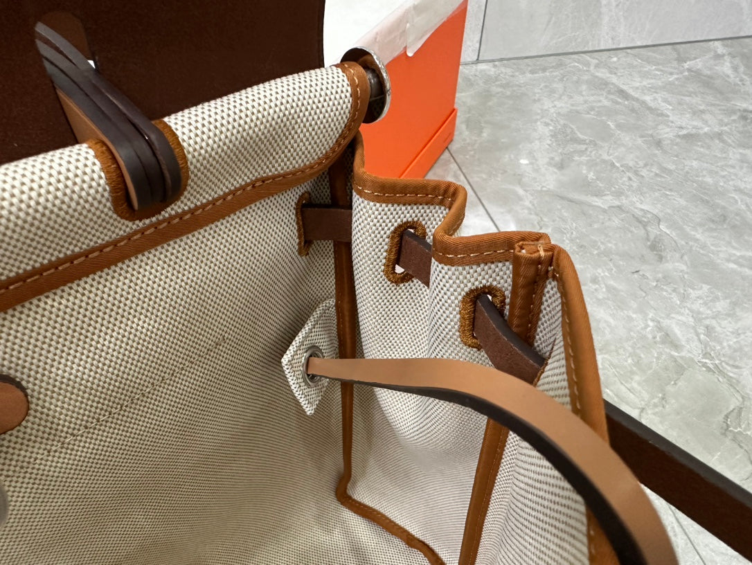 Women's Canvas and Leather Top Handle Satchel Bag - Beige/Tan