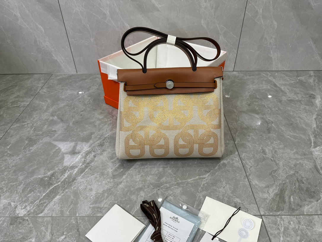 Women's Canvas and Leather Top Handle Satchel Bag - Beige/Tan