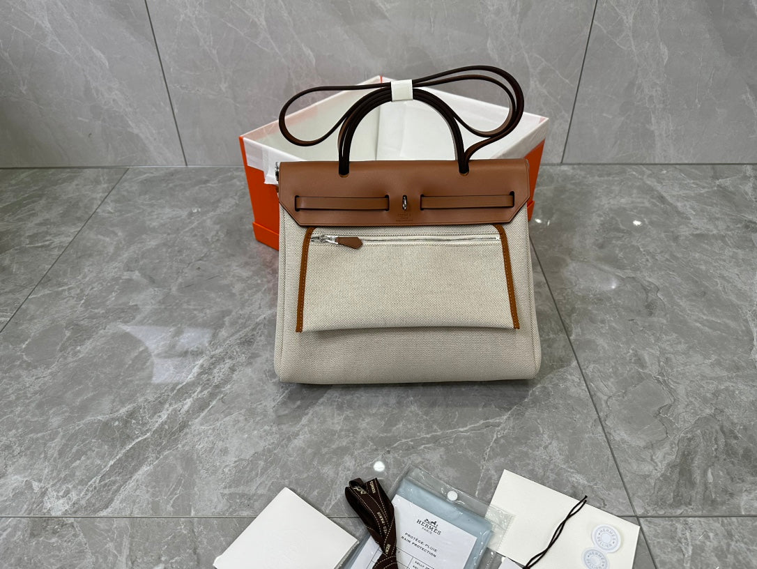 Women's Canvas and Leather Top Handle Satchel Bag - Beige/Tan