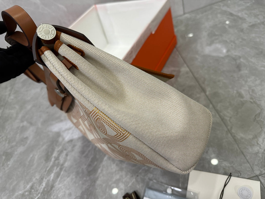 Women's Canvas and Leather Top Handle Satchel Bag - Beige/Tan