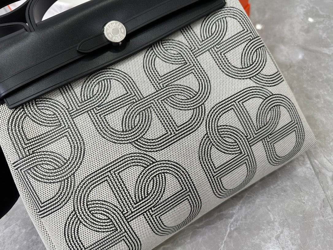 Patterned Canvas &amp; Black Leather Top Handle Handbag - Luxury Two-Tone Shoulder Bag