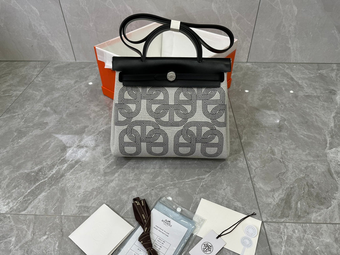 Patterned Canvas &amp; Black Leather Top Handle Handbag - Luxury Two-Tone Shoulder Bag