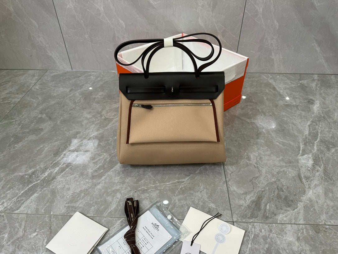 Hermès Herbag Zip Canvas &amp; Leather Handbag - Tan and Black