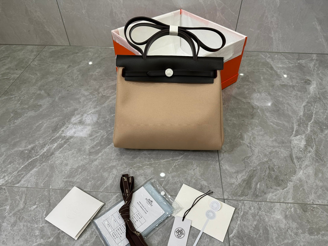 Hermès Herbag Zip Canvas &amp; Leather Handbag - Tan and Black