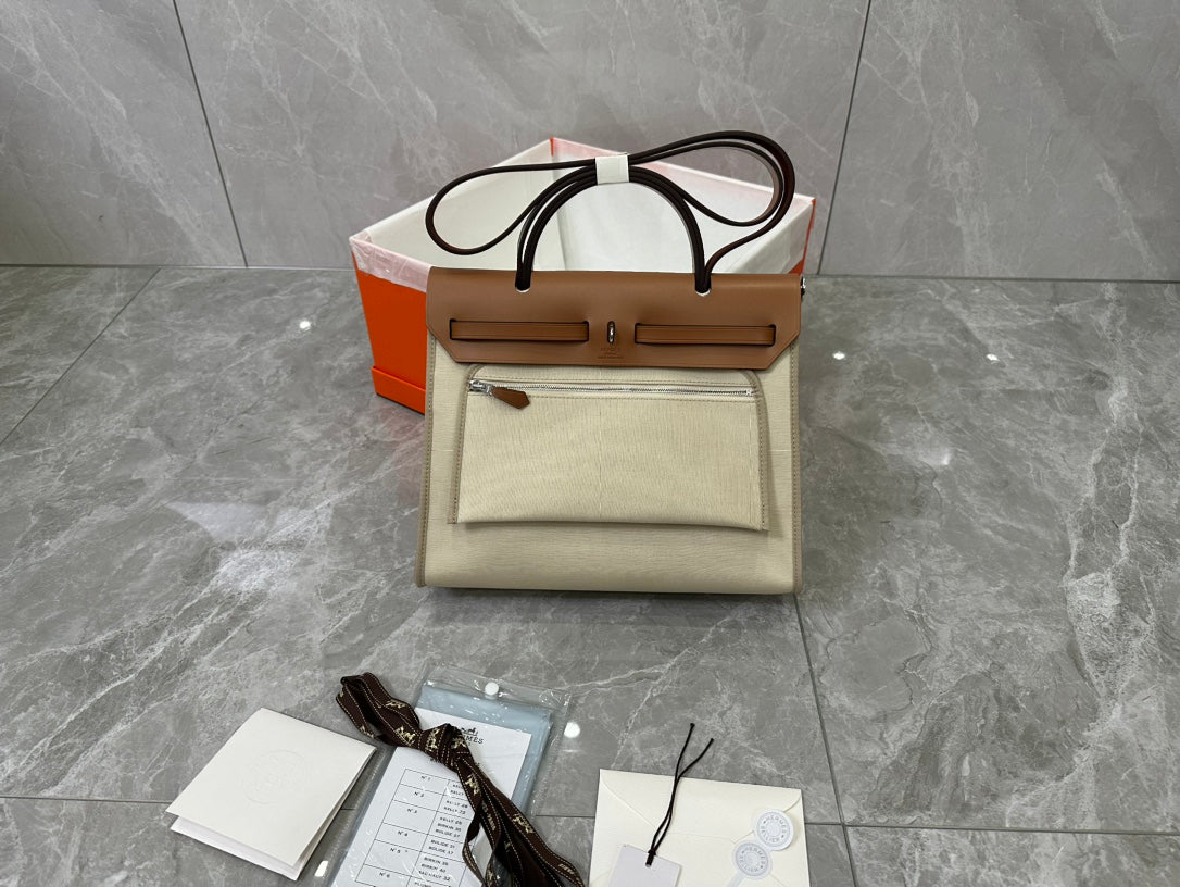 Elegant Canvas and Leather Top Handle Shoulder Bag - Classic Two-Tone Design