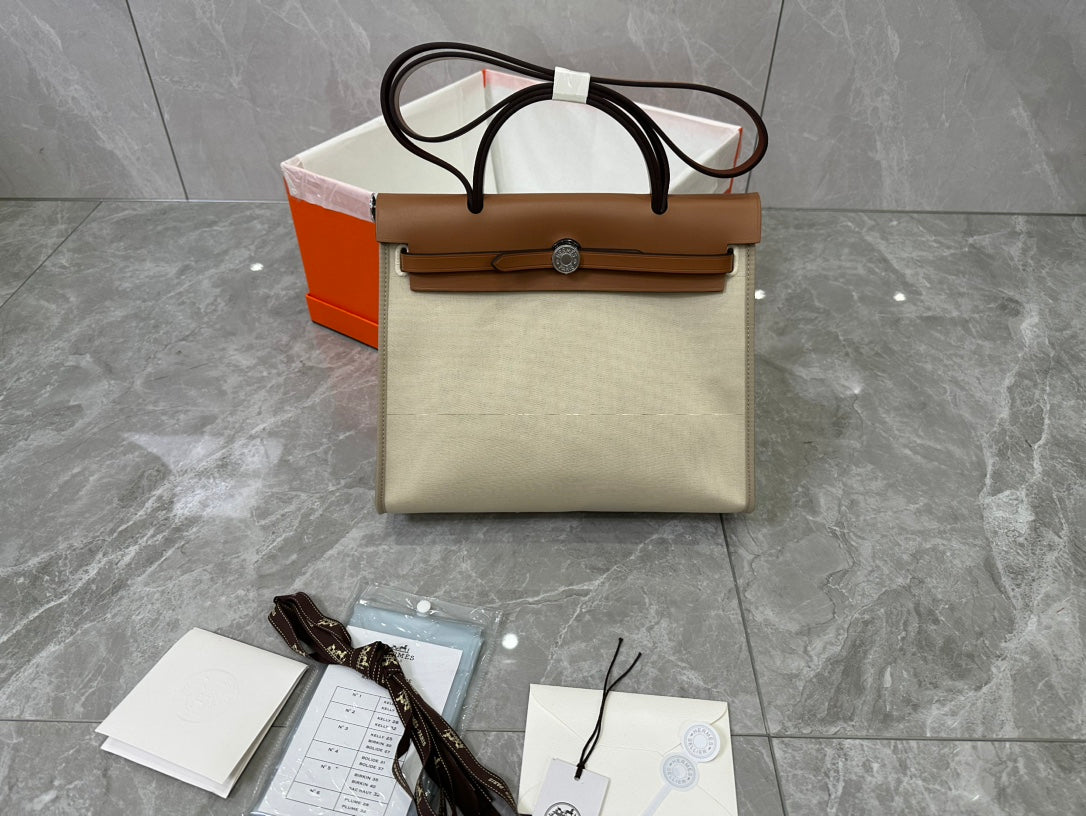 Elegant Canvas and Leather Top Handle Shoulder Bag - Classic Two-Tone Design