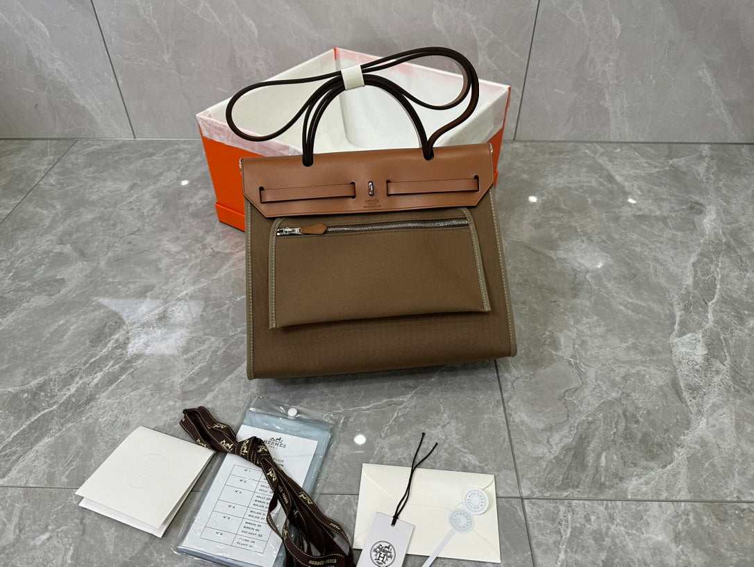 Hermès Herbag Zip 31 Canvas and Leather Handbag - Etoupe &amp; Tan