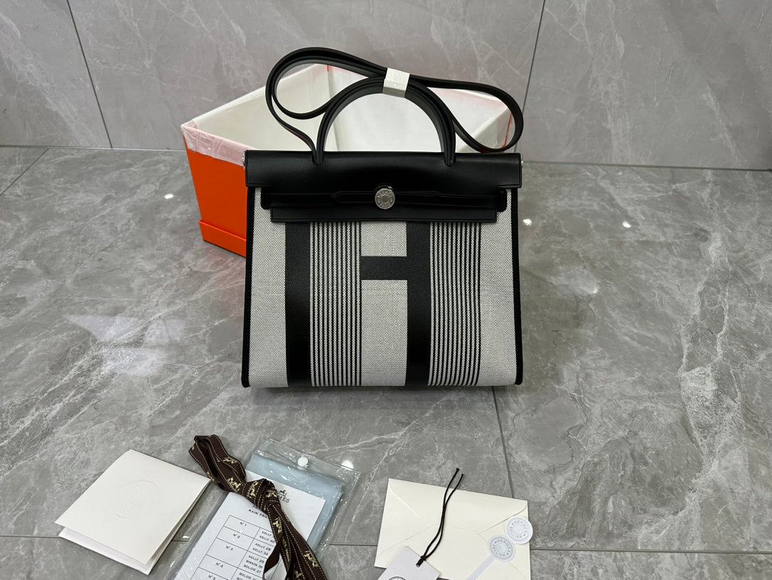 Luxury Canvas and Leather Top Handle Bag - Black and Grey H Pattern Crossbody
